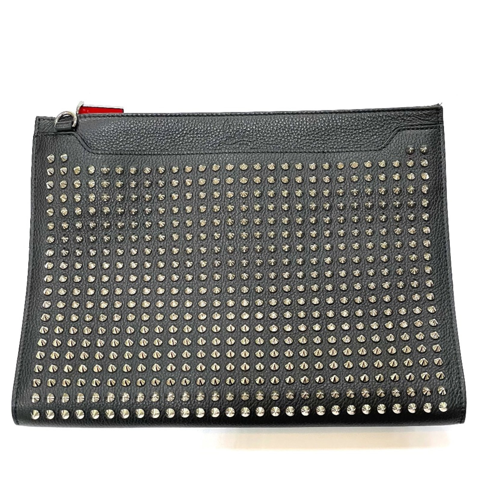 Louboutin Leather Bag Clutch Christian: Louboutin Leather Bag Clutch Christian This black leather clutch bag from Christian Louboutin features a sleek design with a missing shoulder hardware piece that cannot be installed. The bag measures