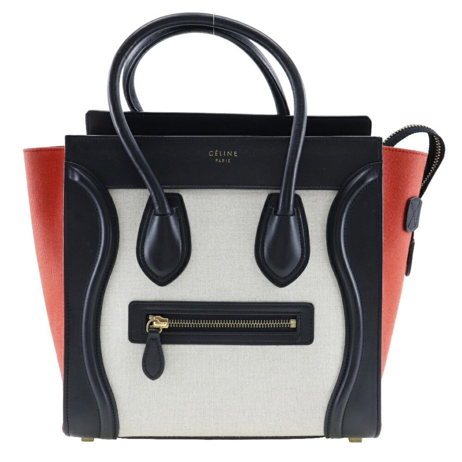 Handbag Canvas Leather: Handbag Canvas Leather Canvas and leather combine in this Celine handbag, crafted from high-quality calfskin and finished with a zipper closure. The beige, black, and orange color options add a pop of
