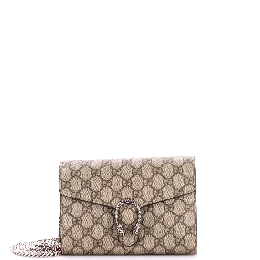 Gucci Dionysus Chain Wallet Coated Canvas Small: Gucci Dionysus Chain Wallet Coated Canvas Small Brown canvas coated canvas small Gucci Dionysus chain wallet with 23" strap drop, featuring a cross body design and aged silver hardware. Minor