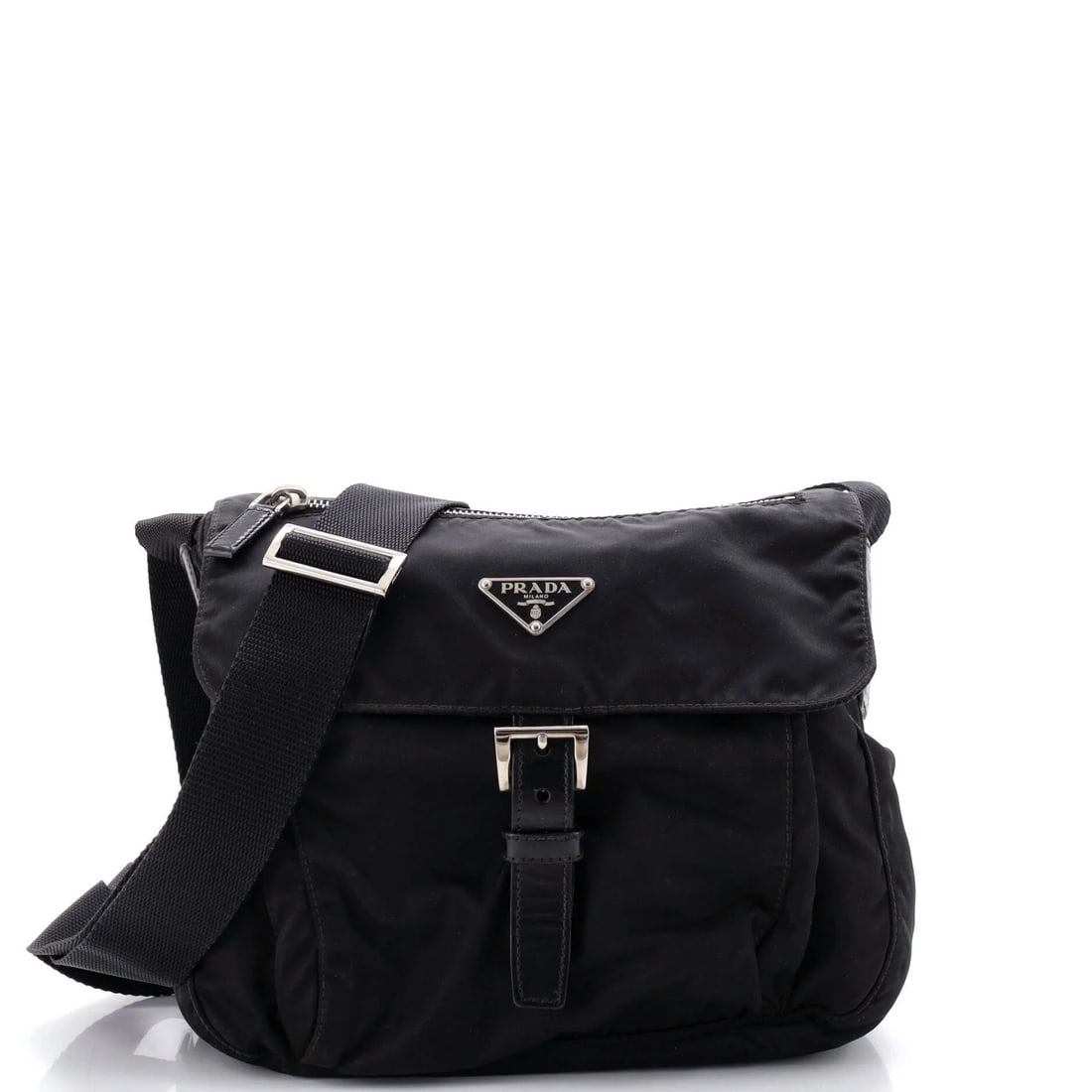 Small Tessuto Messenger Bag Prada Buckle: Small Tessuto Messenger Bag Prada Buckle Small Prada Buckle Messenger Bag in Black Nylon with Silver Hardware. This Prada Tessuto messenger bag features a classic design with a small size and a