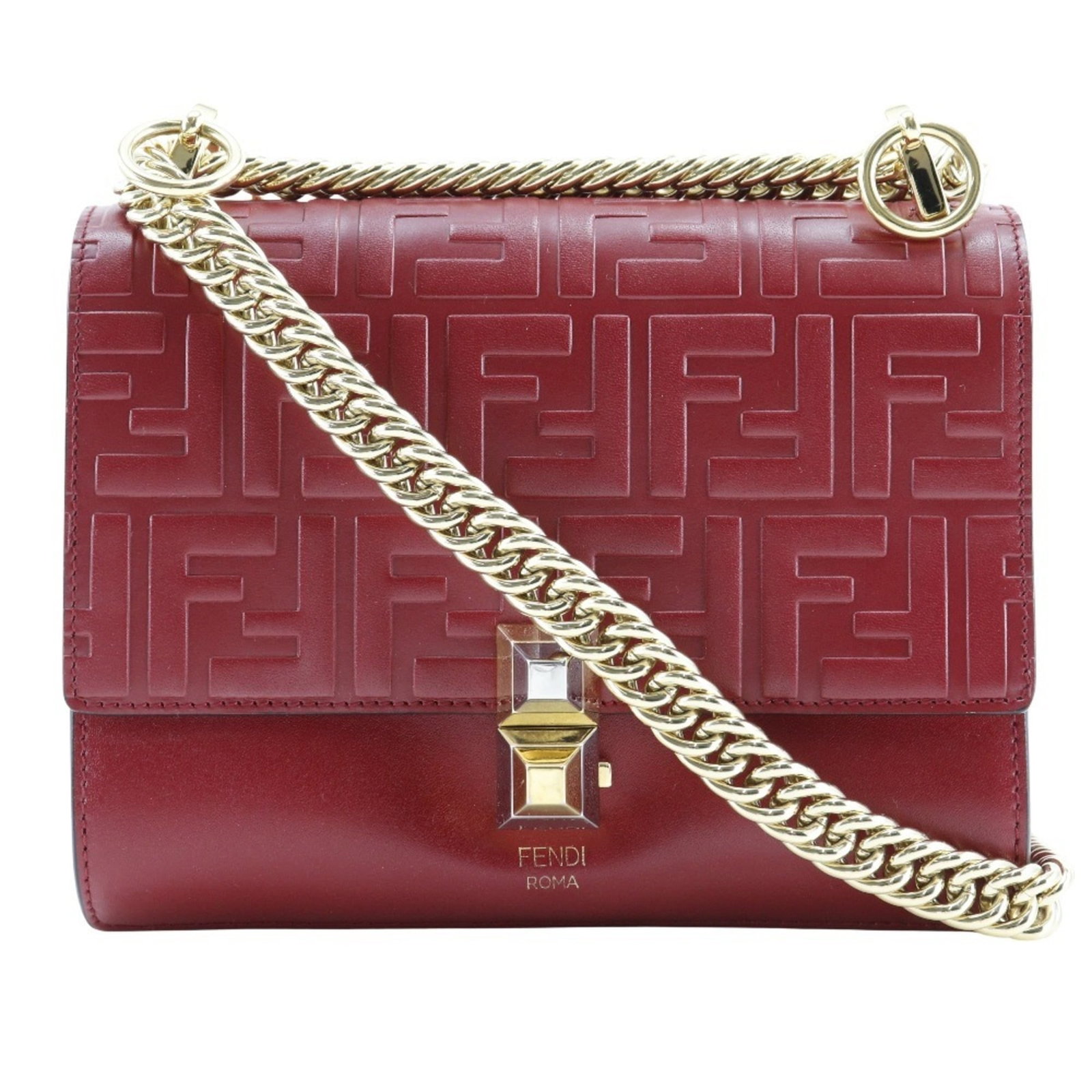 Shoulder Bag Leather: Shoulder Bag Leather This Fendi shoulder bag is crafted from high-quality leather, specifically made from calfskin. Its bold red color adds a pop of style to any outfit. With its sleek design and