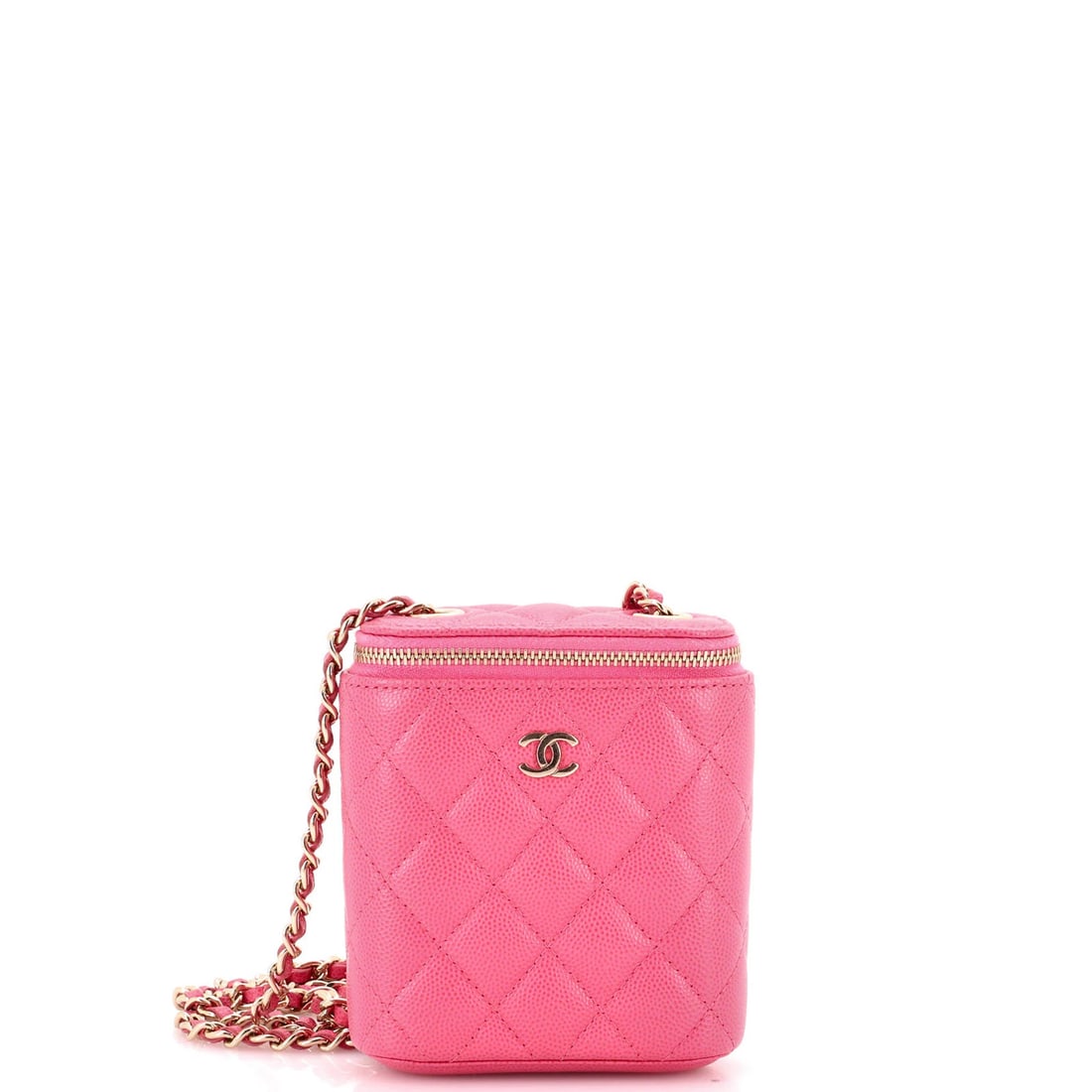 Chanel Classic Vertical Quilted Caviar Mini Case: Chanel Classic Vertical Quilted Caviar Mini Case The Chanel Classic Vertical Quilted Caviar Mini Case is a stylish and compact shoulder bag with a pink exterior and interior, featuring a quilted desig
