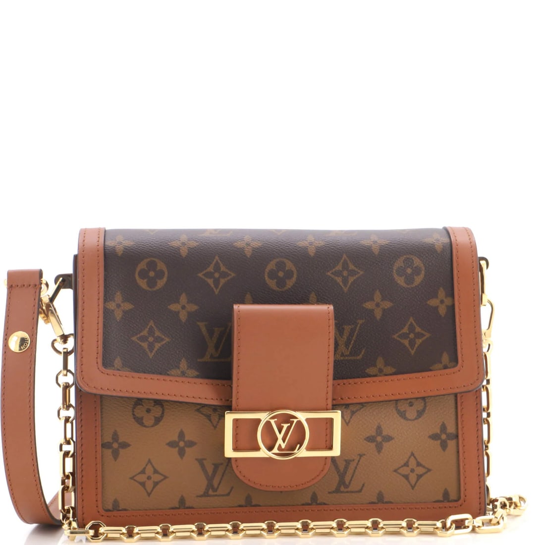 Vuitton Louis Monogram Dauphine Reverse Shoulder Bag Canvas MM: Vuitton Louis Monogram Dauphine Reverse Shoulder Bag Canvas MM Brown Louis Vuitton Dauphine Reverse Shoulder Bag with Canvas Coated Exterior, Microfiber Interior, and Gold Hardware, featuring the