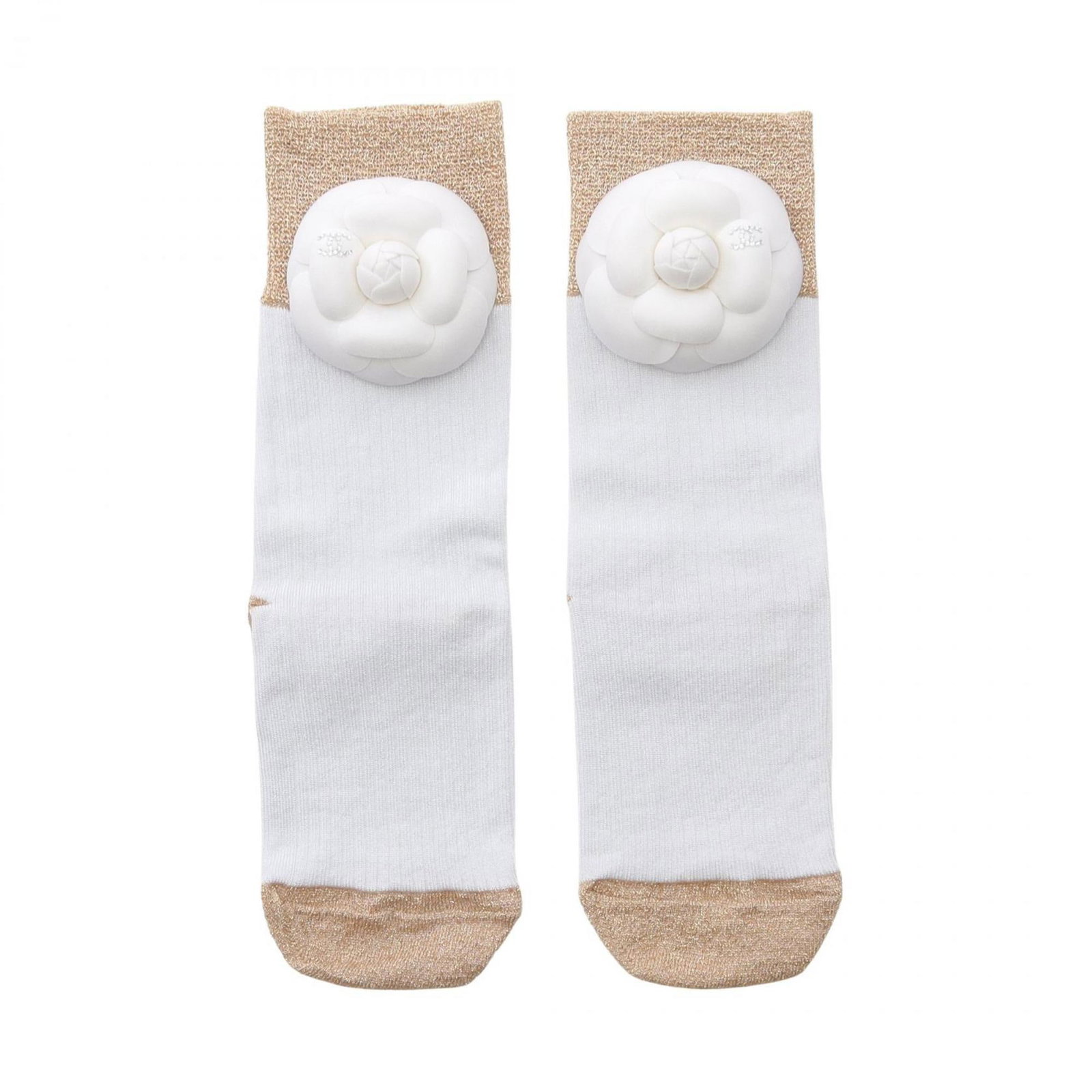 Crew Socks Viscose by Chanel: Crew Socks Viscose by Chanel Gold and White Crew Socks made from Viscose, presented in a box. Item Specifics: Brand: Chanel Type: Crew socks Gender: Women Color: Gold, White Material: Viscose
