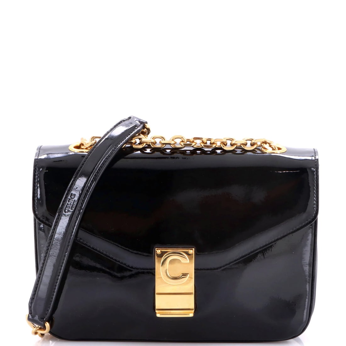 Celine Patent Bag Medium: Celine Patent Bag Medium The Celine Patent Bag Medium is a stylish shoulder bag with a sleek patent leather exterior in black. Measuring 6" tall and 8.5" wide, it features gold hardware and a