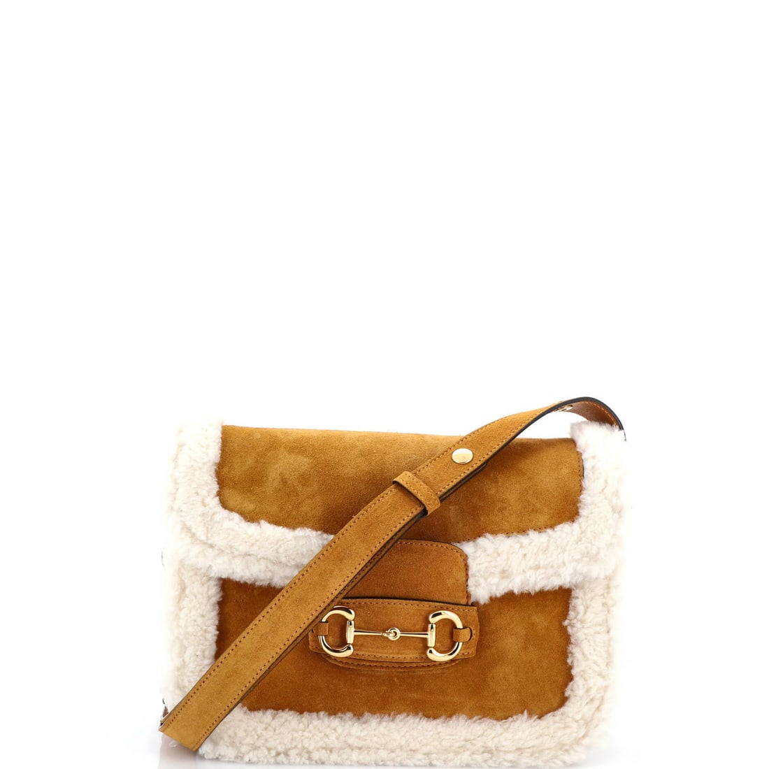 1955 Suede Small Horsebit Bag With Shearling Gucci: 1955 Suede Small Horsebit Bag With Shearling Gucci Small Horsebit Bag with Shearling Gucci exterior, featuring a neutral color and 1955 style, is a unique shoulder bag. Made from shearling suede and