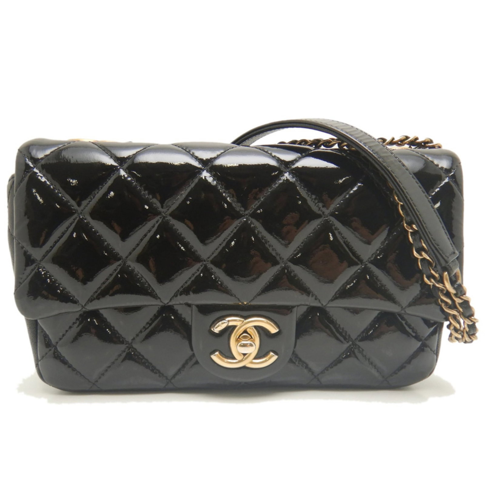 Patent Leather Chanel Bag Shoulder: Patent Leather Chanel Bag Shoulder Patent leather Chanel bag shoulder with sleek black finish and gold hardware, featuring a turn lock closure. This stylish shoulder bag measures 12.5cm x 21cm x