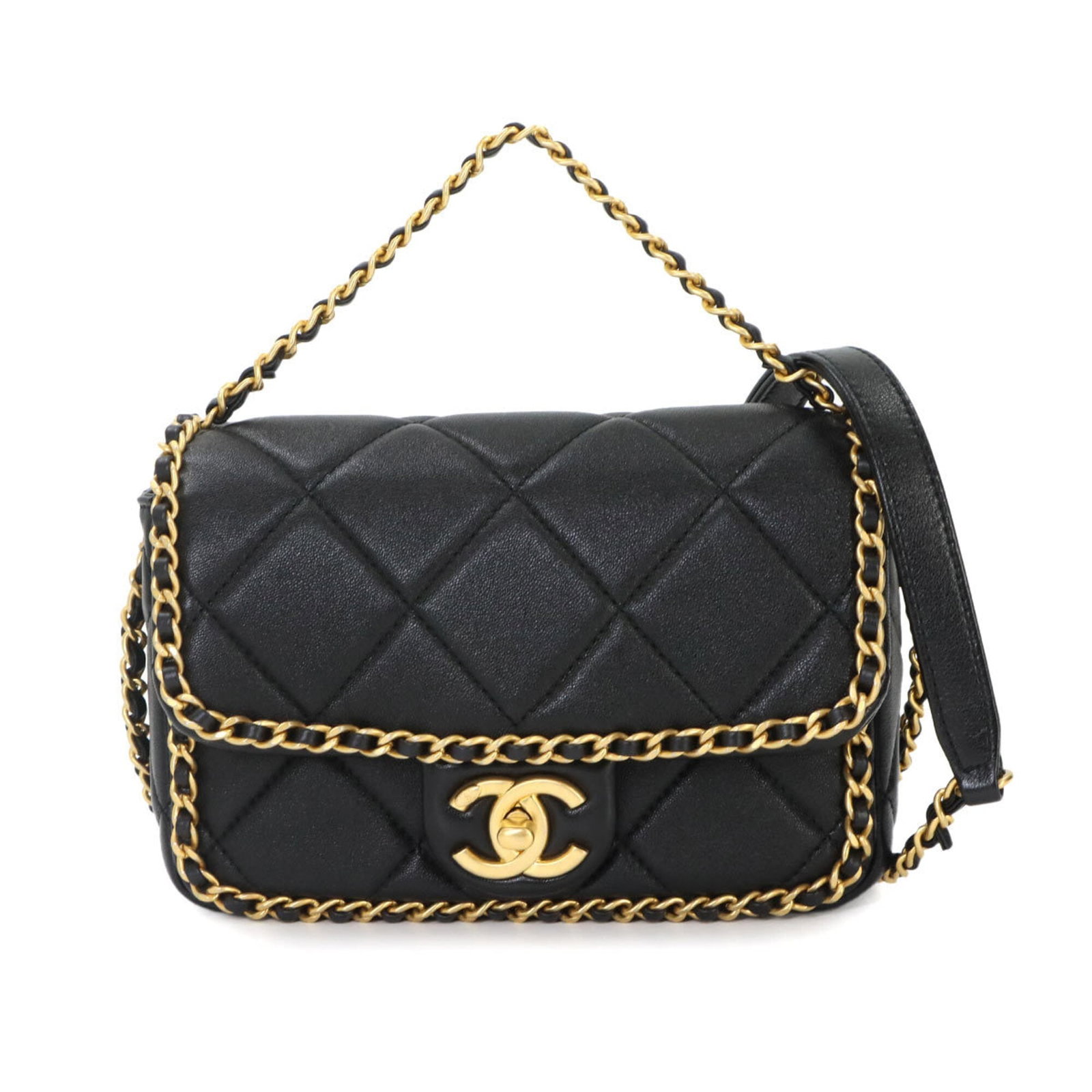 Shoulder Bag Leather Handbag Chanel: Shoulder Bag Leather Handbag Chanel Calfskin leather construction gives this black Chanel shoulder bag a sleek, sophisticated look. Measuring 12cm x 18cm x 6cm, it provides a spacious interior for