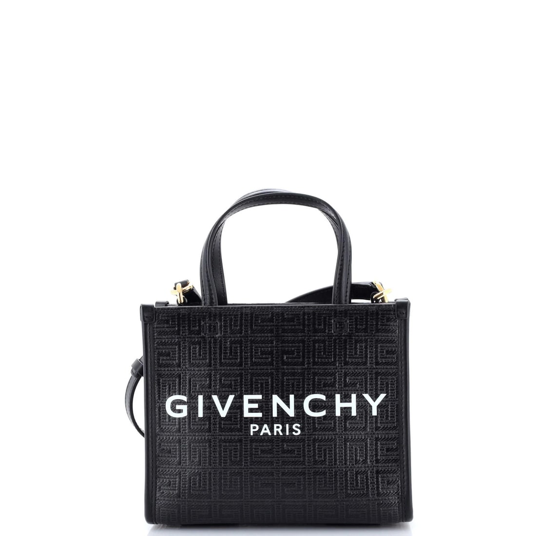 G Tote 4G Embossed Canvas Mini Coated Givenchy: G Tote 4G Embossed Canvas Mini Coated Givenchy Black leather exterior with embossed canvas, 21" gold tone strap, and 4" drop handle. The mini G Tote 4G features a classic design with minor creases on