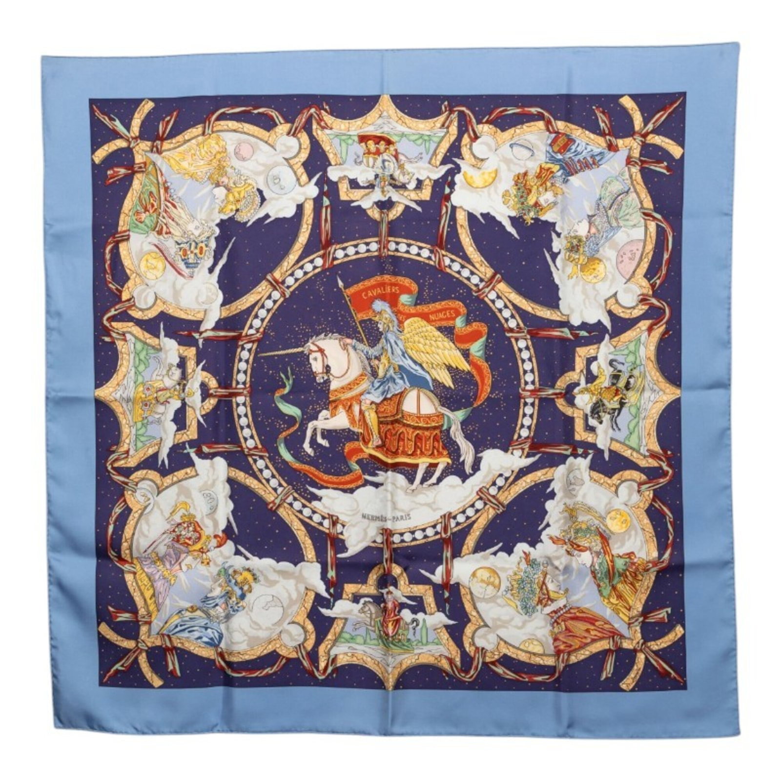 Silk Hermes Scarf: Silk Hermes Scarf Silk Hermes Scarf in Blue and Multi-color, measuring 88cm x 86cm in size, is a beautiful piece of luxury fashion. Made from high-quality silk, this scarf features a striking blue