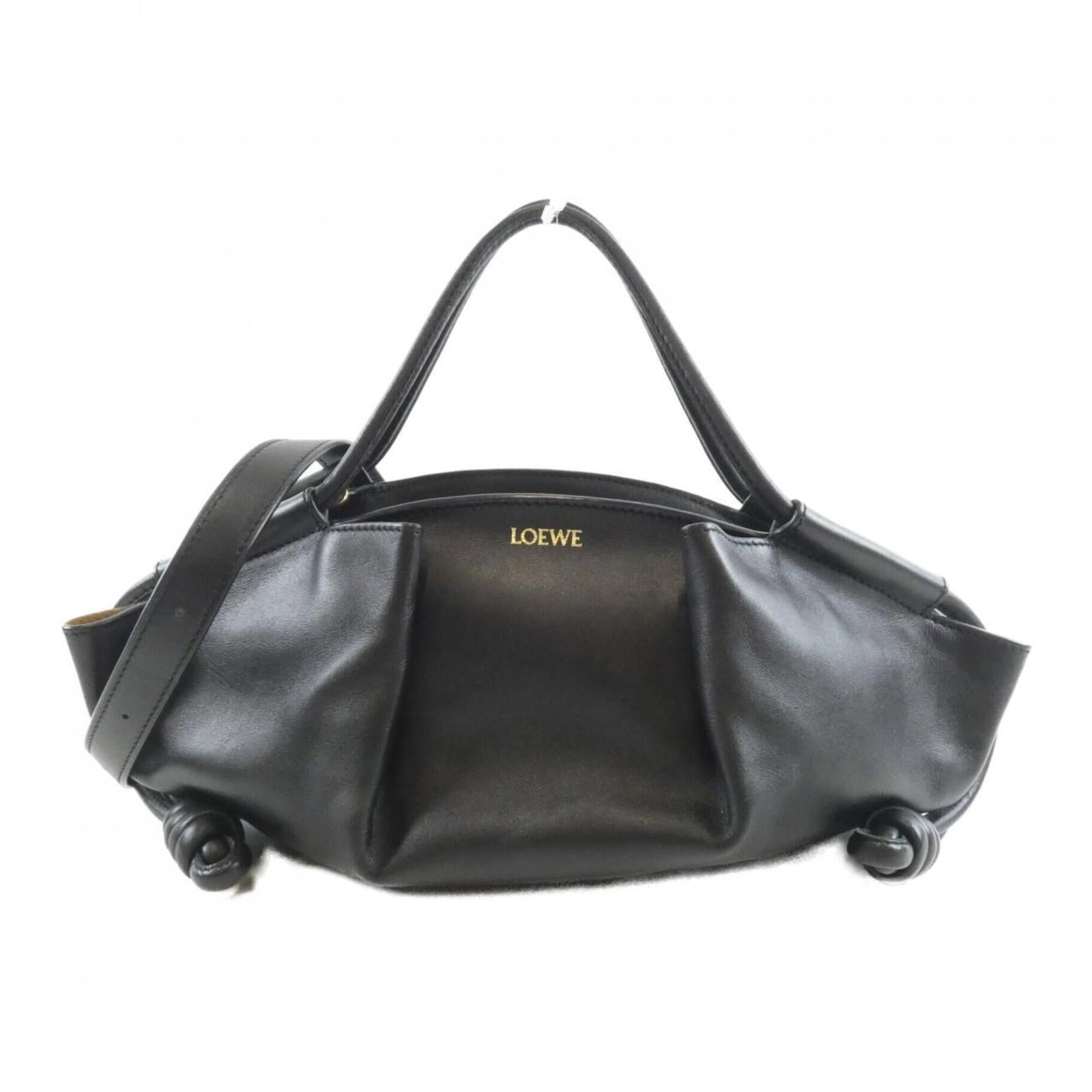 Handbag Leather Handbag: Handbag Leather Handbag Black Loewe Calfskin Leather Handbag with Gold Hardware. Features a sleek design, 550g weight, and adjustable strap length. Perfect for everyday use, this stylish handbag measu