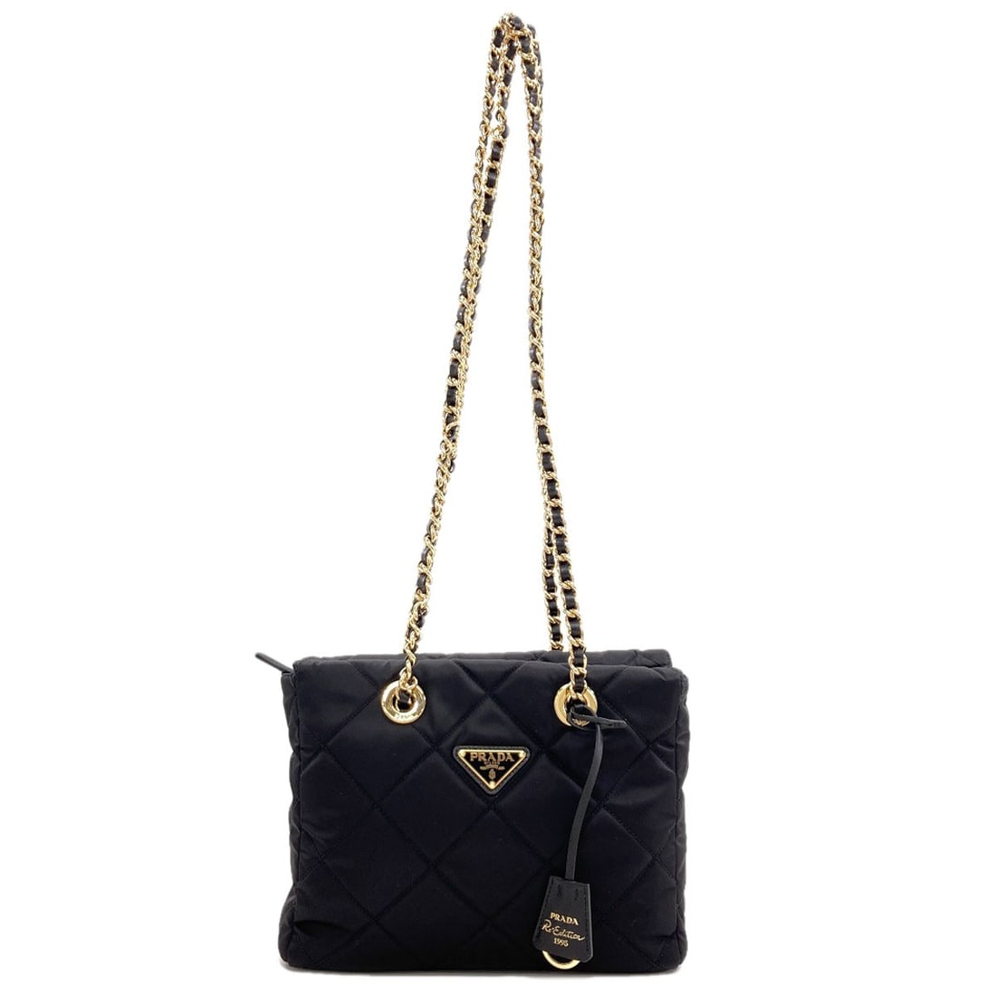 Logo Hardware Nylon Chain Prada Shoulder Bag: Logo Hardware Nylon Chain Prada Shoulder Bag Black PRADA Nylon Chain Shoulder Bag with logo hardware. Made from durable nylon, this shoulder bag features a classic chain strap and a sleek, all-black