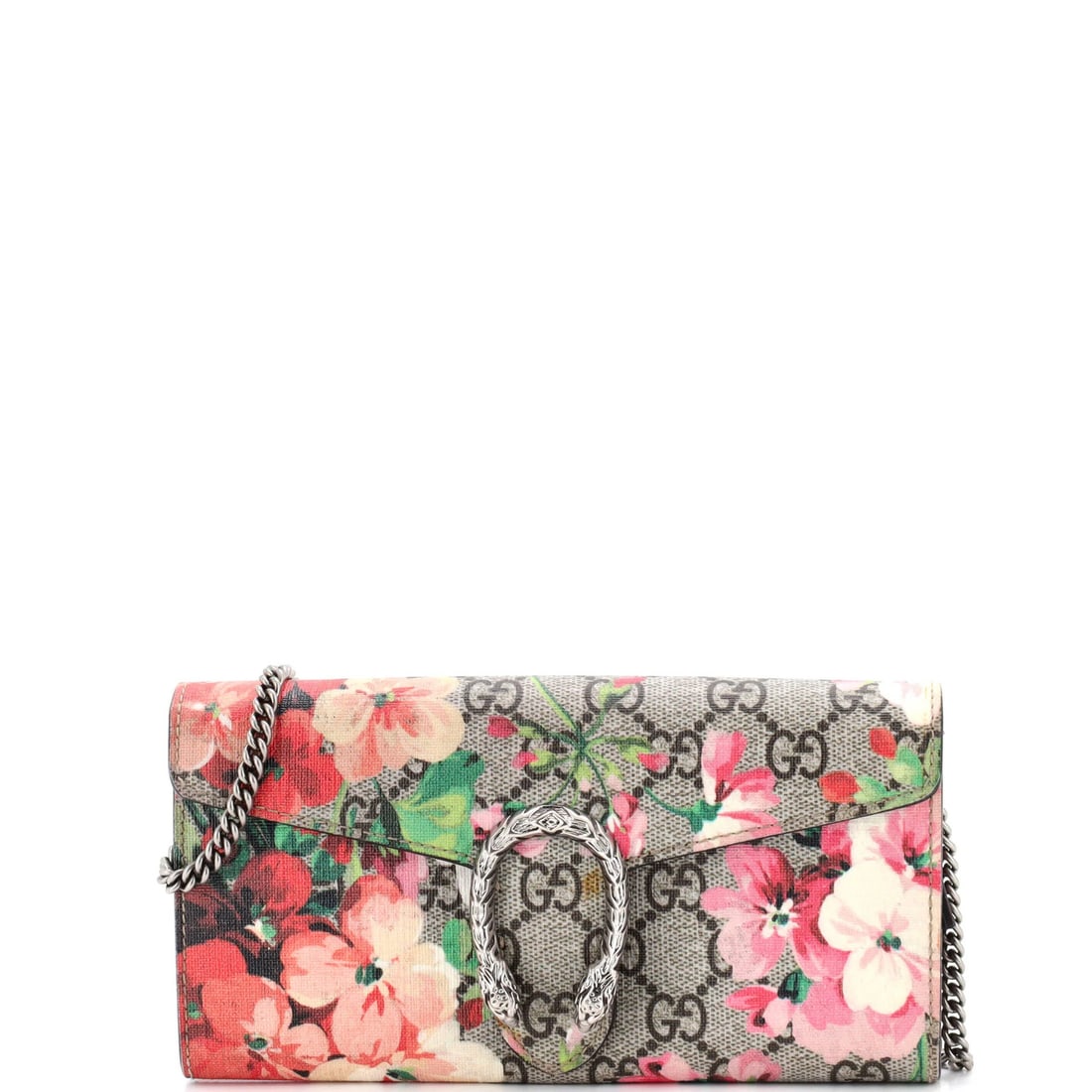 Gucci Dionysus Blooms GG Coated Canvas Long Chain Wallet Print: Gucci Dionysus Blooms GG Coated Canvas Long Chain Wallet Print Brown GG Coated Canvas Long Chain Wallet Print features a blooming floral design, showcasing Gucci's iconic Dionysus style. With a long c