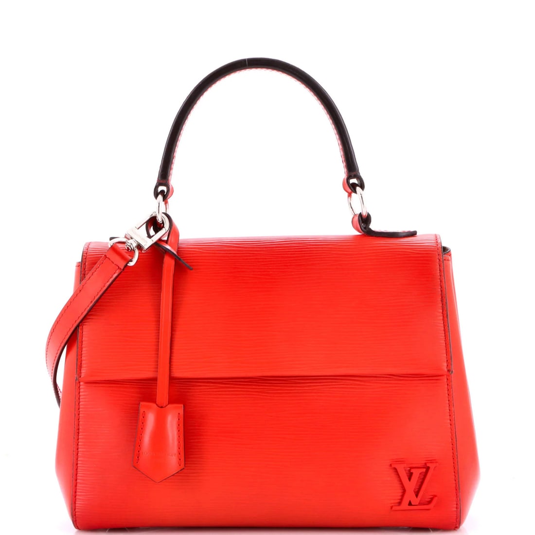 Louis Vuitton Cluny Top Handle Bag Epi Leather BB: Louis Vuitton Cluny Top Handle Bag Epi Leather BB Red Louis Vuitton Cluny Top Handle Bag Epi Leather BB, featuring a classic top handle design and scuffed exterior, measures 8" tall and 10" wide,