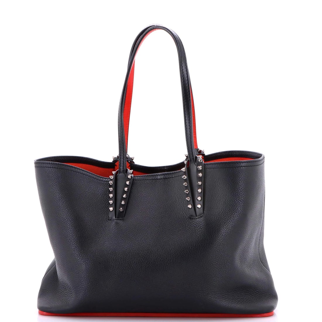 Cabata East West Leather Small Christian Louboutin Tote: Cabata East West Leather Small Christian Louboutin Tote Black leather Cabata East West tote bag with a small size, featuring a red interior and silver hardware. The exterior has some signs of wear,