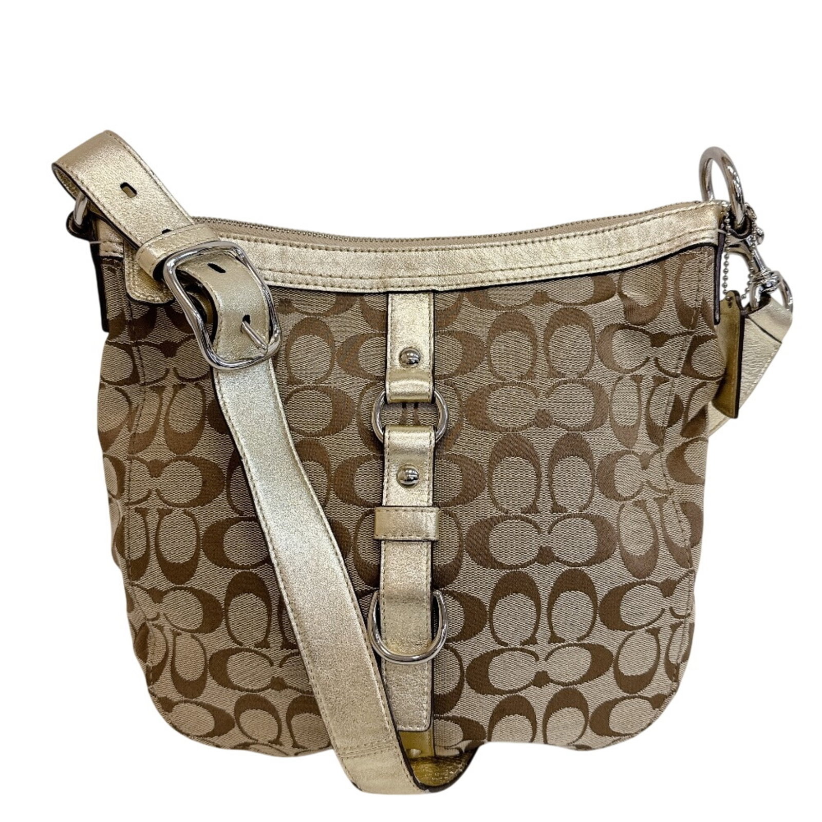 Canvas Leather Shoulder Bag Coach: Canvas Leather Shoulder Bag Coach Canvas Leather Shoulder Bag in Beige with Gold Accents. This Coach MPN F14446 shoulder bag features a canvas and leather construction, with a classic design and gold