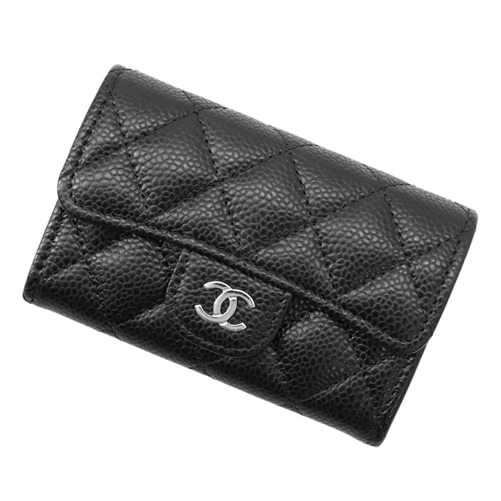 Card Case Calfskin Grained Chanel: Card Case Calfskin Grained Chanel Card Case Calfskin Grained Chanel features a sleek black design, made from high-quality grained calfskin. The open pocket 1 size measures 7.5cm x 11.5cm, providing a