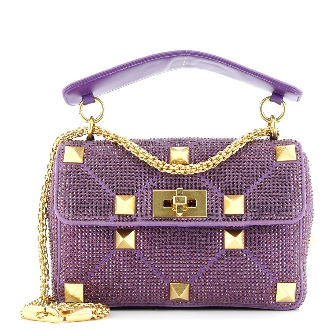 Garavani Valentino Roman Medium Suede Embellished Bag Stud Flap: Garavani Valentino Roman Medium Suede Embellished Bag Stud Flap The Valentino Garavani Roman Medium Suede Embellished Bag Stud Flap boasts a stunning crystal exterior in rich purple, adding a touch