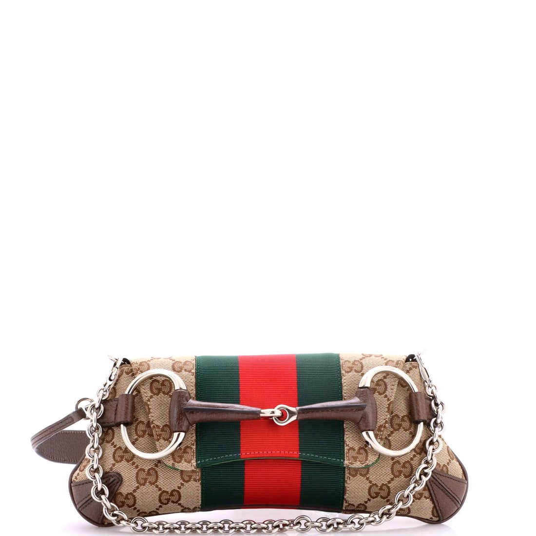 Gucci Horsebit NM Web Chain Clutch GG Canvas Small: Gucci Horsebit NM Web Chain Clutch GG Canvas Small This Gucci Horsebit NM Web Chain Clutch is a small, stylish shoulder bag made from canvas in a rich brown exterior color. The bag features a satin
