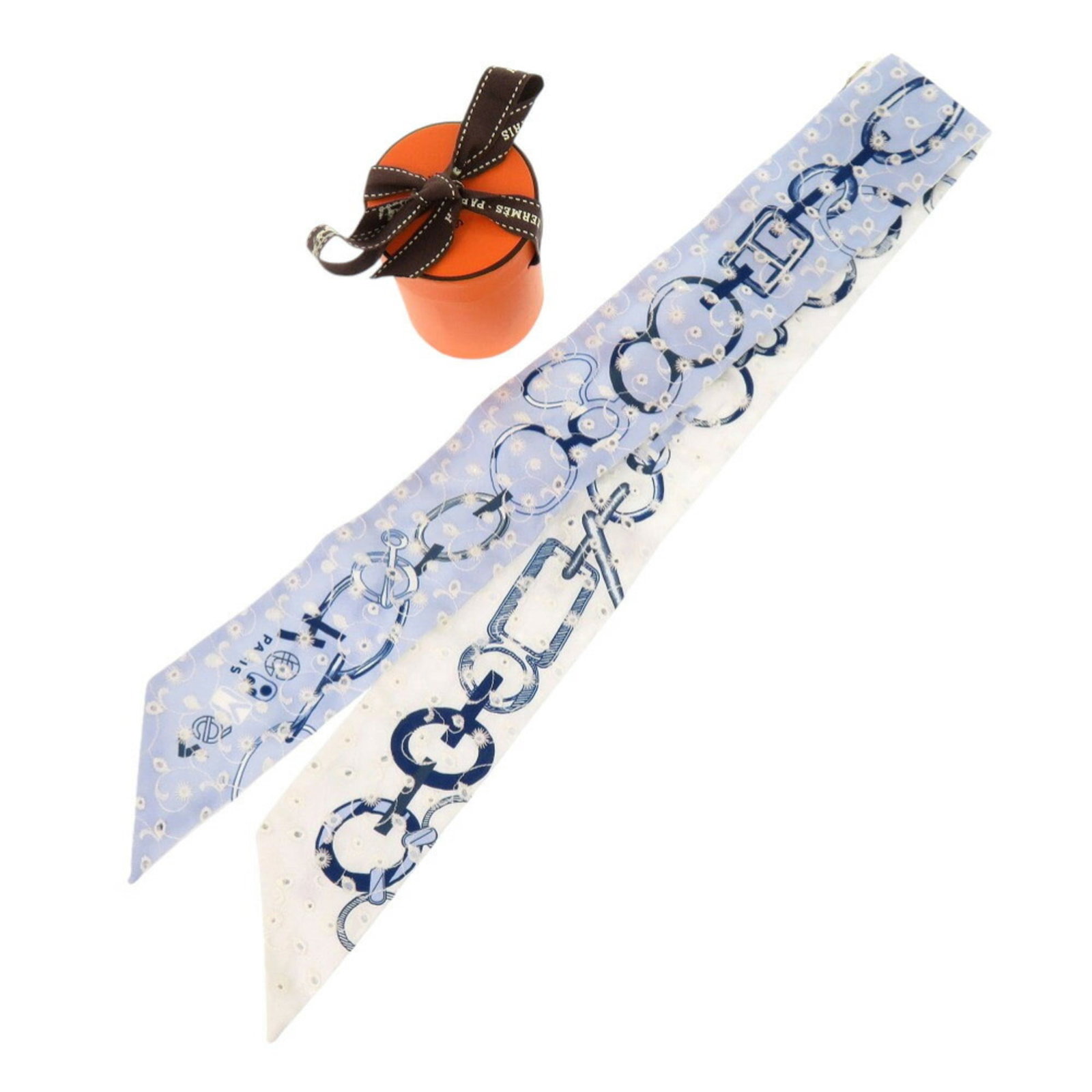Silk Hermes Scarf: Silk Hermes Scarf Silk from France, this 85cm x 33.46'' blue scarf is made from high-quality silk and comes in a luxurious box. The scarf bears a signature, a notable feature of its design. Item Speci