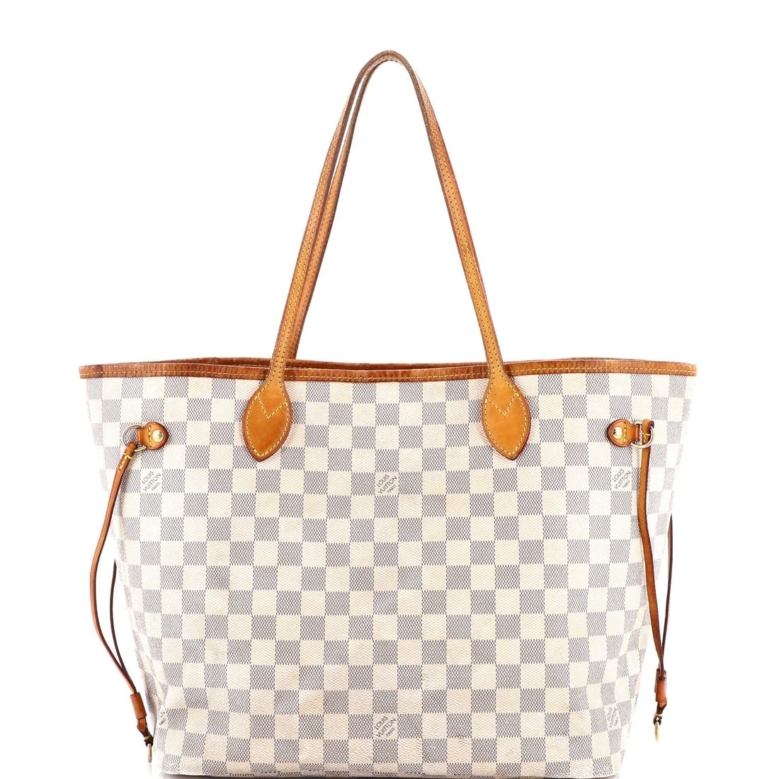 Louis Vuitton Neverfull Damier MM: Louis Vuitton Neverfull Damier MM White Louis Vuitton Neverfull Damier MM Tote in Fair Condition. This canvas-coated tote features a classic Damier MM pattern and gold hardware, with heavy edge wear