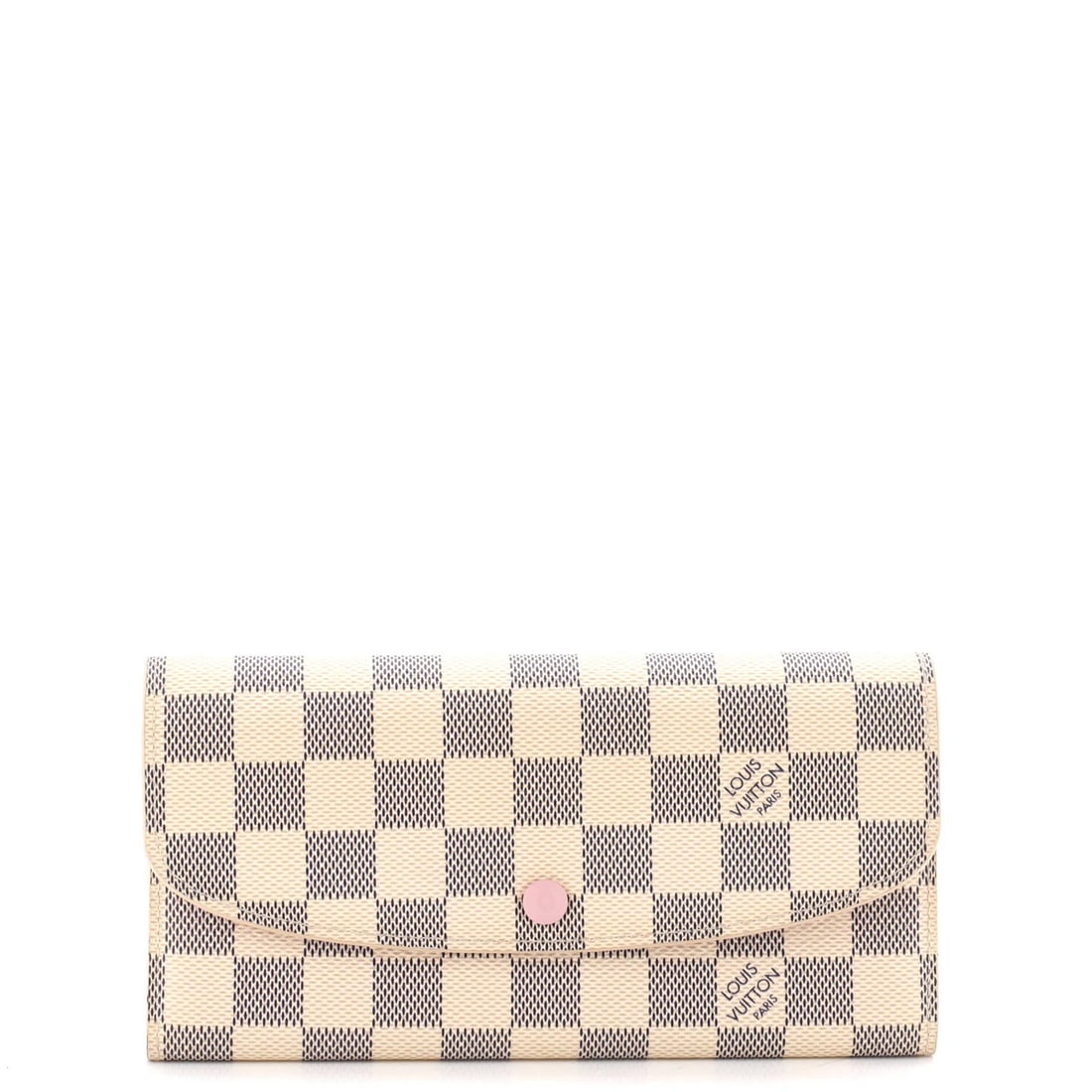 Emilie Damier Wallet Louis Vuitton: Emilie Damier Wallet Louis Vuitton White canvas coated Damier wallet from Louis Vuitton, featuring a pink leather interior and gold hardware. The wallet measures 4" in height, 7.5" in width, and 1" in