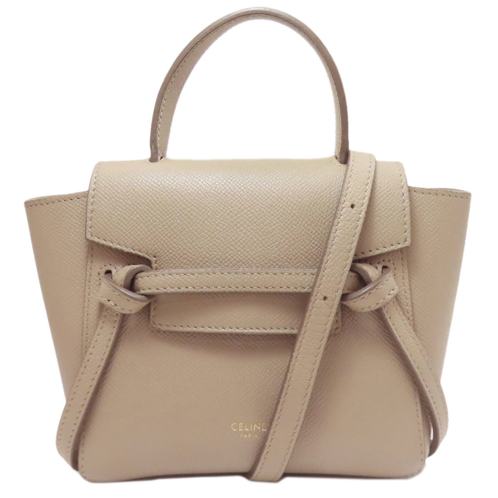 Celine Handbag Leather: Celine Handbag Leather Calfskin leather handbag from Celine, featuring a classic design with a beige color and a sturdy 113cm strap. The bag measures 16cm x 22cm x 9cm and has a sleek, compact shape. 