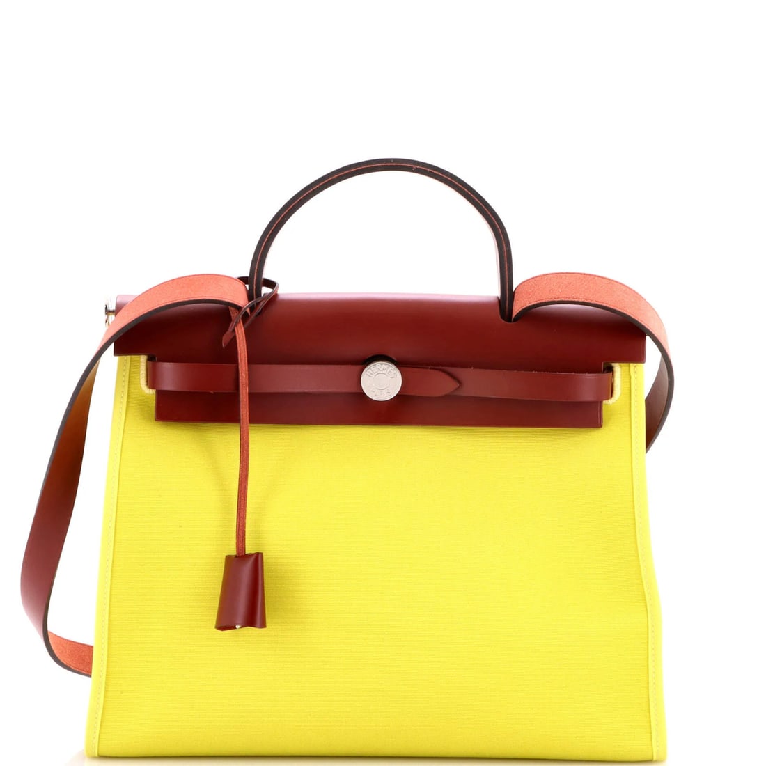 Herbag Hermes Leather Toile 31 Zip: Herbag Hermes Leather Toile 31 Zip Yellow Herm?s Herbag Leather Toile 31 Zip Bag with Palladium Hardware, featuring a classic shoulder design with a 31cm interior and 18.5" strap drop. The exterior