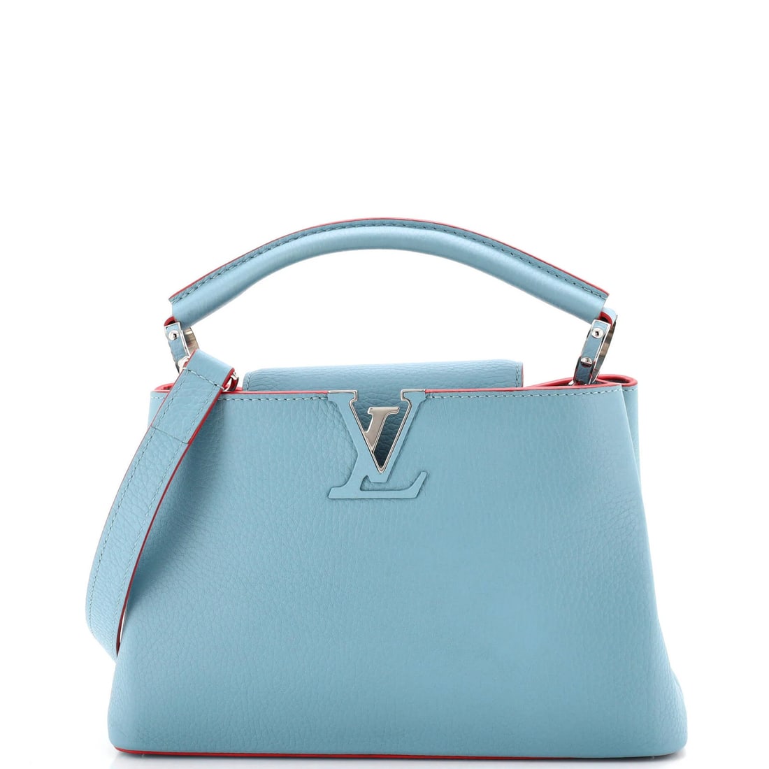 Louis Vuitton Capucines Bag Leather BB: Louis Vuitton Capucines Bag Leather BB Blue Louis Vuitton Capucines Bag Leather BB features a classic design with a 4" handle drop, 7" height, and 10.5" width. The bag's exterior is made of leather