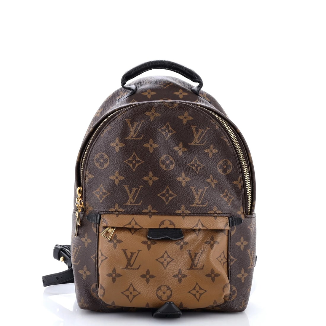 Louis Vuitton Palm Springs Backpack Reverse Monogram Canvas PM: Louis Vuitton Palm Springs Backpack Reverse Monogram Canvas PM Brown Louis Vuitton Palm Springs Backpack Reverse Monogram Canvas PM has scuffs, stains, edge wear, and minor creases on its exterior.