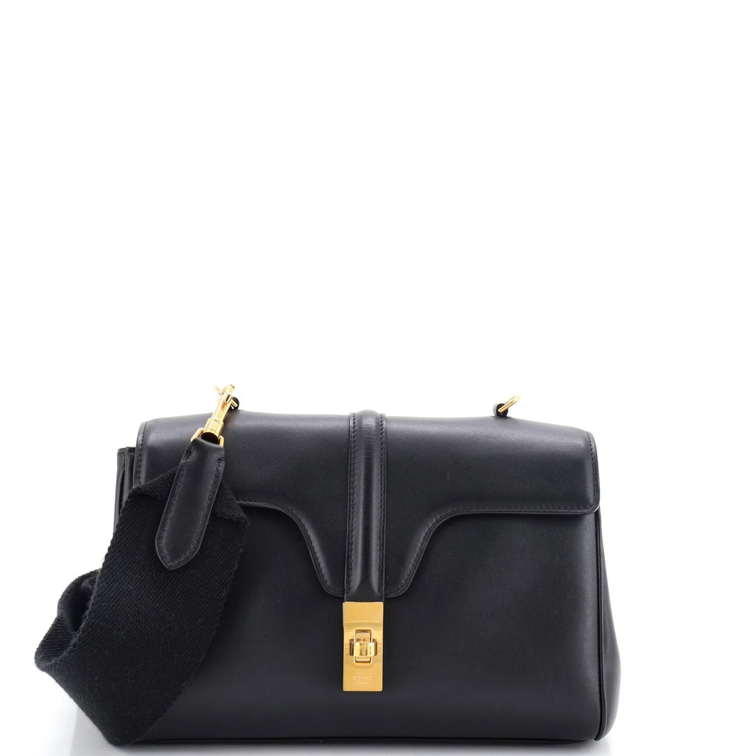 Calfskin Teen Bag Soft 16 Celine: Calfskin Teen Bag Soft 16 Celine Soft 16 Calfskin Teen Bag from Celine, featuring a smooth black leather exterior with minor scuffs and edge wear. The interior boasts a sleek black suede lining,