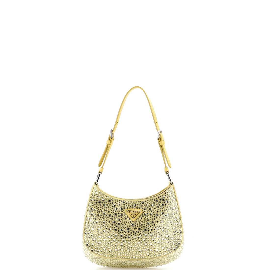 Prada Cleo Shoulder Bag Crystal Embellished Satin Small: Prada Cleo Shoulder Bag Crystal Embellished Satin Small The Prada Cleo Shoulder Bag Crystal Embellished Satin Small boasts a striking yellow satin exterior adorned with crystal embellishments, adding
