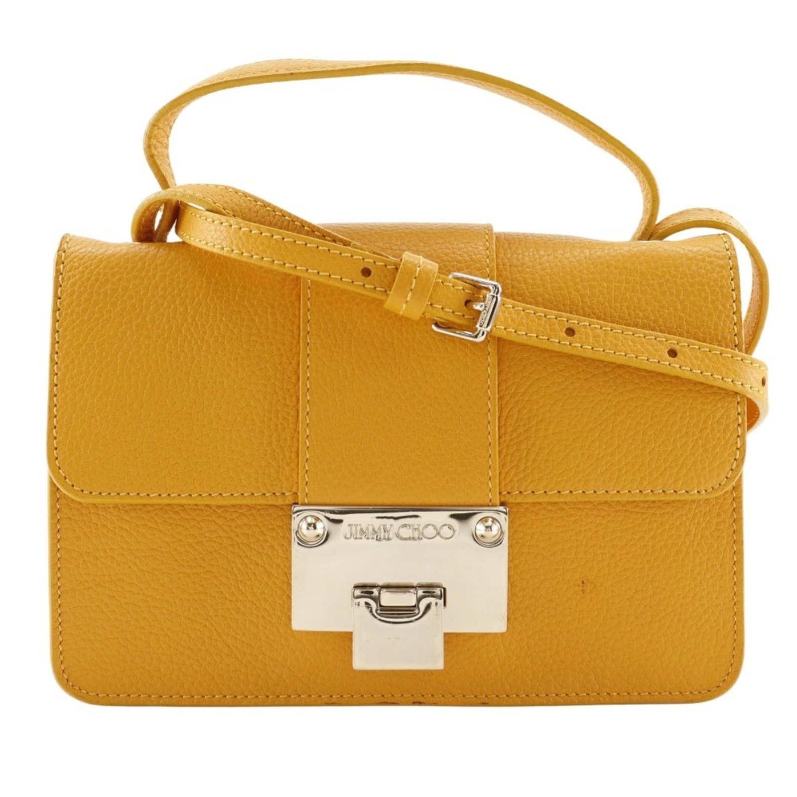 Jimmy Choo Handbag Leather: Jimmy Choo Handbag Leather Yellow Jimmy Choo Handbag Leather. This 14cm x 19.5cm x 5cm leather handbag features a bright yellow color and comes with a dust bag and shoulder strap. The bag bears a