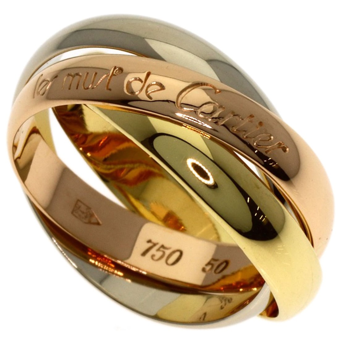 K18 White Gold K18 Yellow Gold Cartier Trinity #50 Ring: K18 White Gold K18 Yellow Gold Cartier Trinity #50 Ring K18 White Gold K18 Yellow Gold Cartier Trinity #50 Ring features a striking combination of two gold metals, K18 White Gold and K18 Yellow Gold,