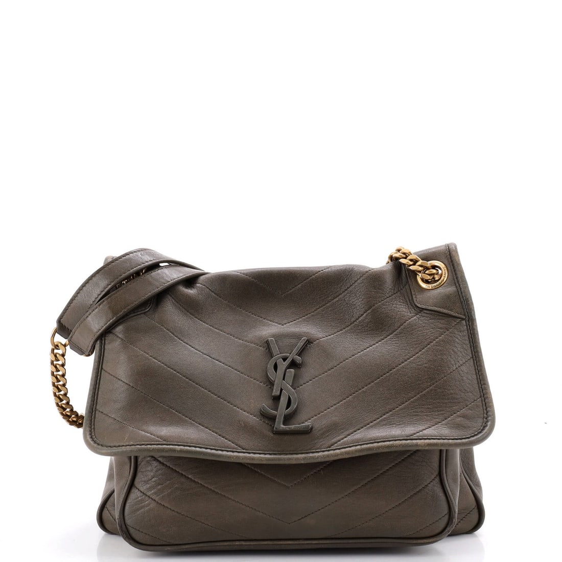Chain Flap Bag Leather Medium Saint Niki Laurent: Chain Flap Bag Leather Medium Saint Niki Laurent Chain Flap Bag Leather Medium Saint Niki Laurent - A statement piece in green leather, featuring exposed piping and a chain flap detail. The bag's