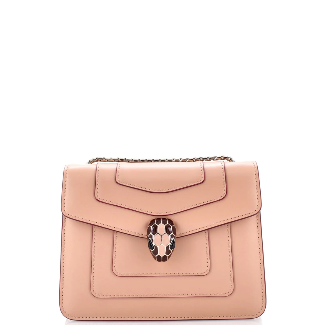 Bag Leather Small Square Forever Serpenti Bvlgari: Bag Leather Small Square Forever Serpenti Bvlgari Small Square Serpenti Forever Bvlgari Bag in Neutral Leather. This small cross body bag features a neutral exterior with minor scuffs and creases, and