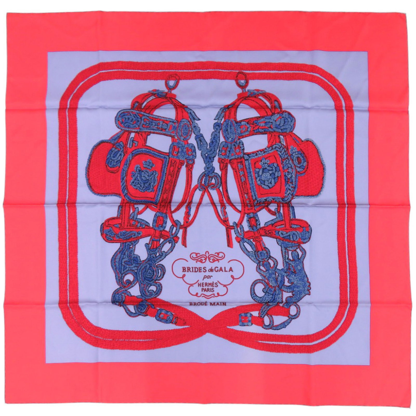 Silk Hermes Scarf: Silk Hermes Scarf Silk from France, this 88cm x 88cm purple and red silk scarf is made from high-quality silk material. Bearer of a signature, this scarf is a notable feature of the item. A piece of