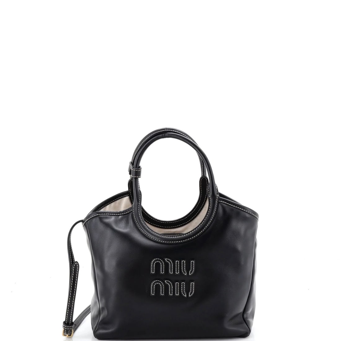 Small Leather Ivy Tote Miu: Small Leather Ivy Tote Miu Small Leather Ivy Tote Miu in Black. This Miu Miu shoulder bag features a classic design with heavy corner wear, scuffs, and edge wear on the exterior, giving it a well-love