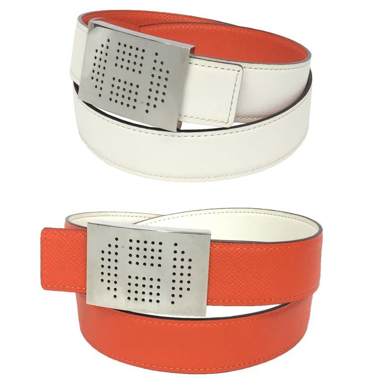 Hermes Standard Belt: Hermes Standard Belt The Hermes Standard Belt is a classic accessory made from high-quality orange and white leather, measuring 87.5cm in length and 3.1cm in width. Its timeless design makes it a