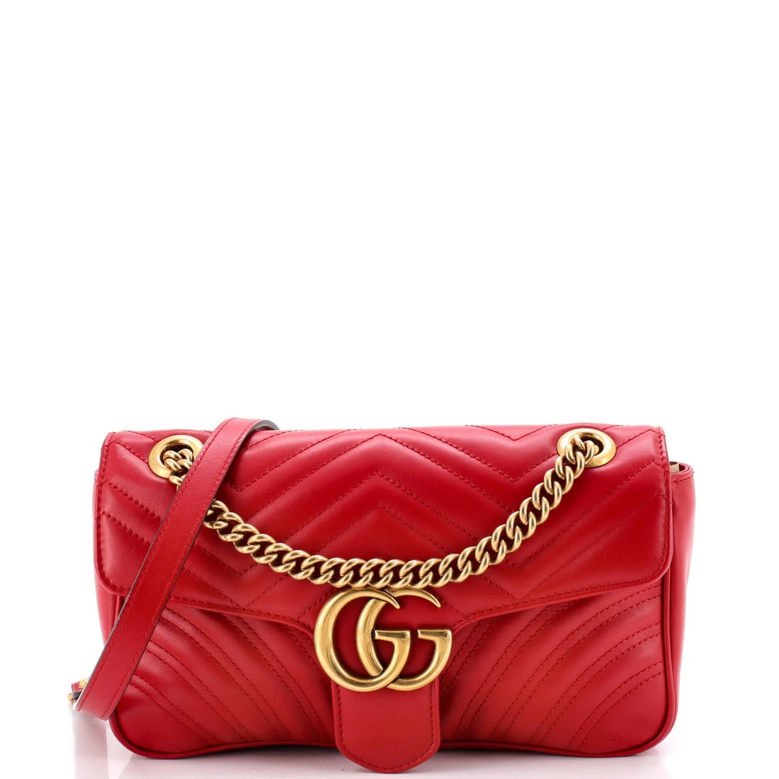 Marmont Matelasse Medium Leather Bag Flap Gucci GG: Marmont Matelasse Medium Leather Bag Flap Gucci GG Red Marmont Matelasse Medium Leather Gucci GG Flap Bag with gold hardware, featuring a classic shoulder design and neutral interior, available in