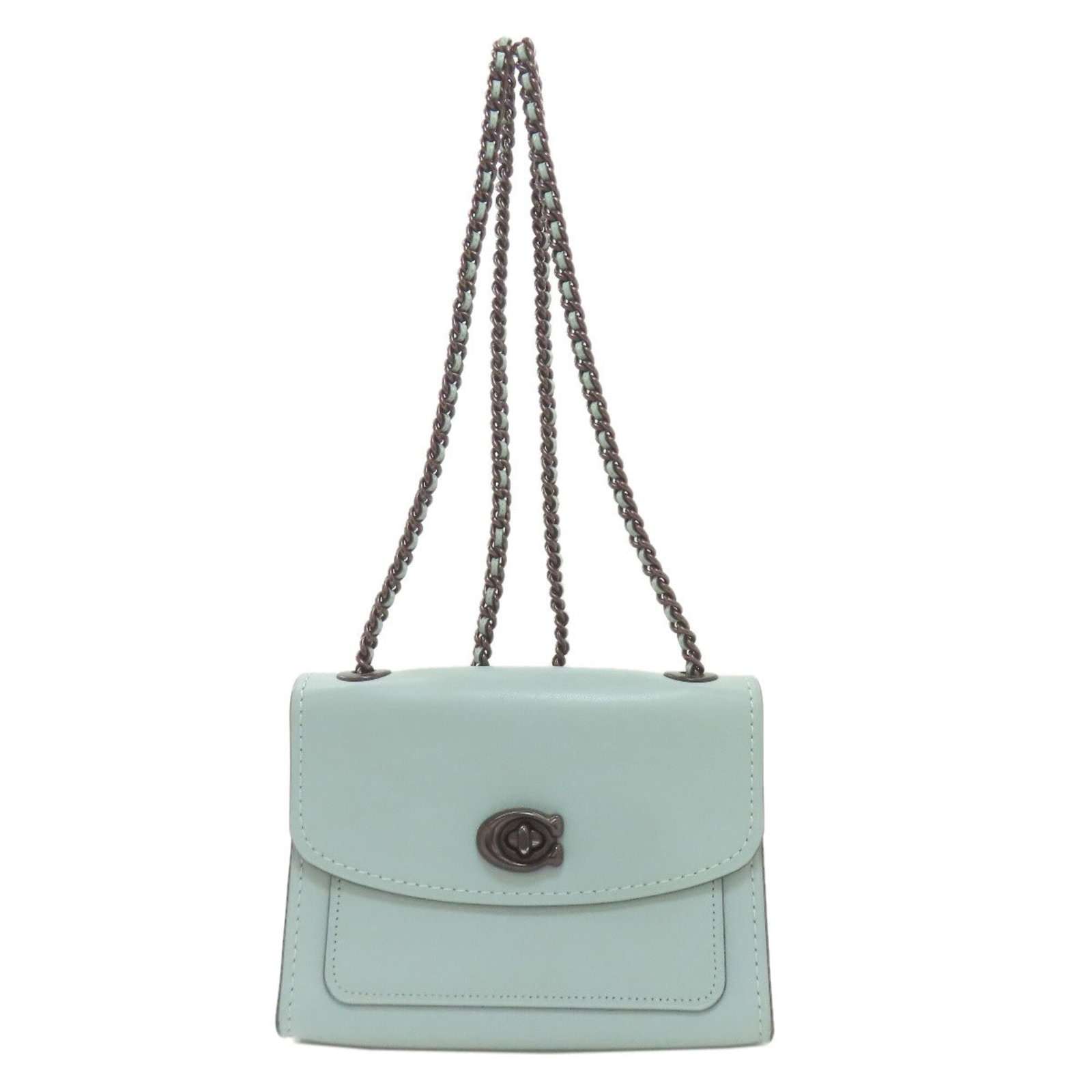 Shoulder Bag Leather Coach: Shoulder Bag Leather Coach Light blue leather shoulder bag from Coach, measuring 13.5cm x 18.5cm x 8cm. This stylish bag features a classic design with a signature from the artist. Item Specifics: