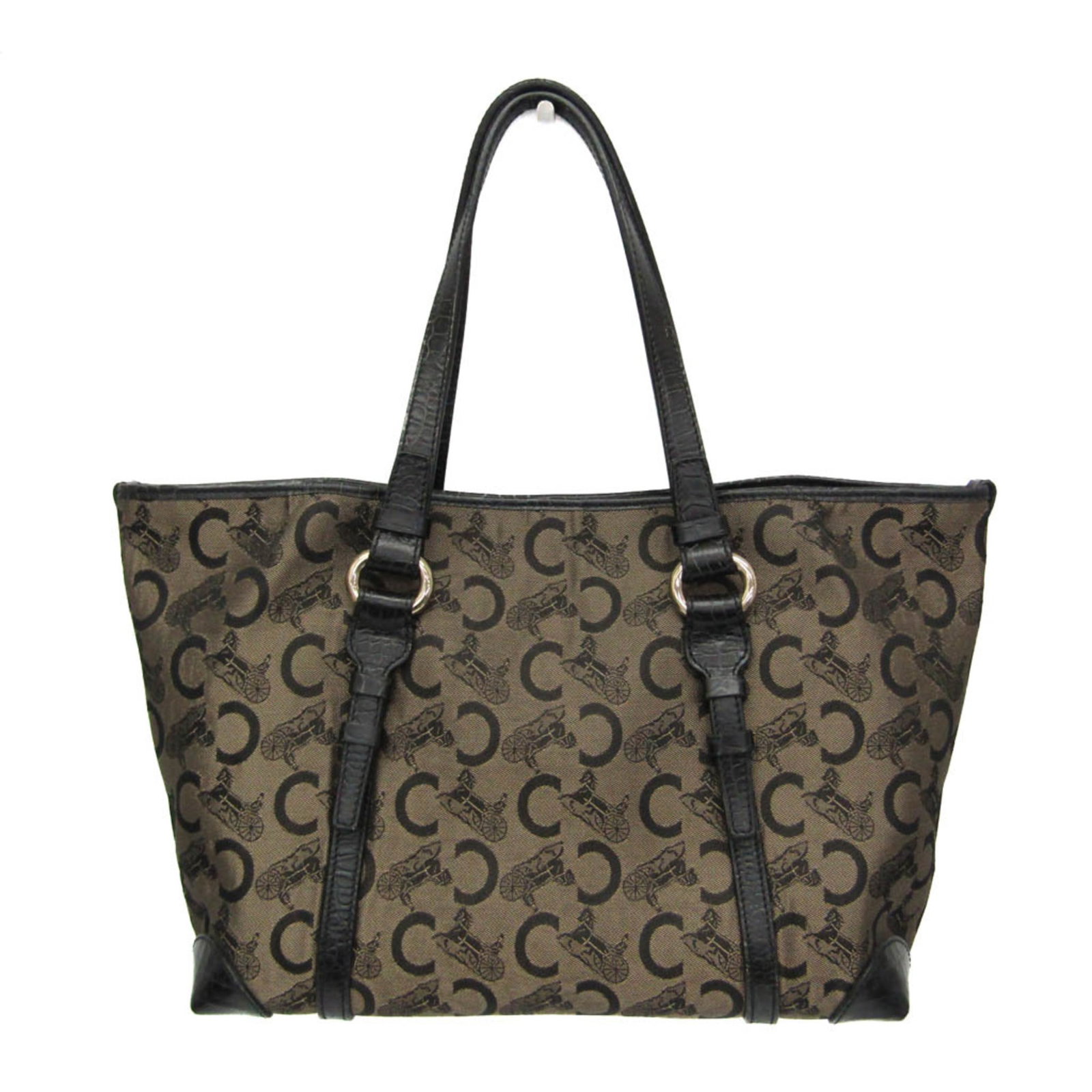 Canvas leather tote bag: Canvas leather tote bag Canvas leather tote bag with embossed leather details, featuring a classic Celine Macadam Carriage pattern in beige and black. The bag boasts a spacious interior with two pocke