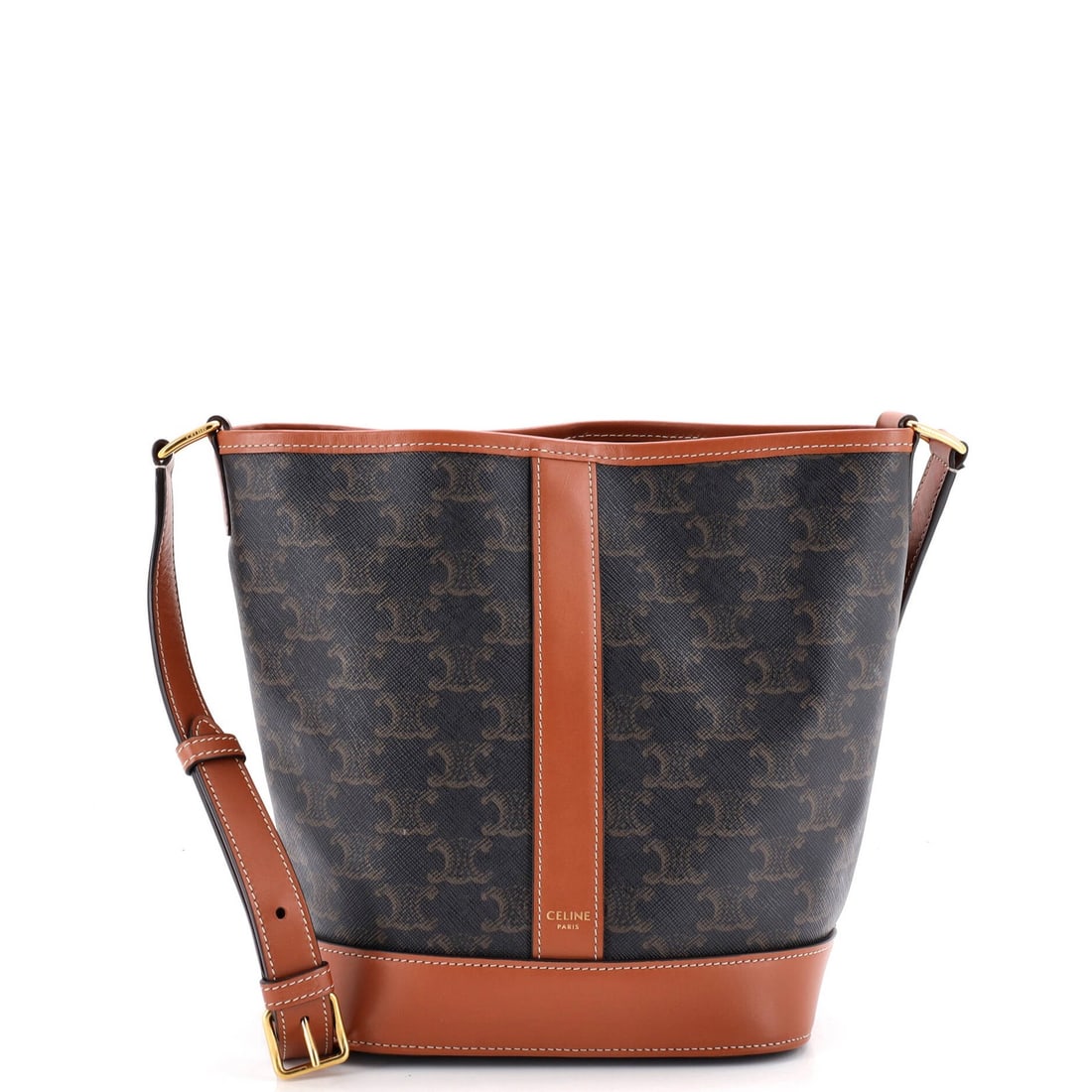 Celine Bucket Bag Triomphe Coated Canvas Small: Celine Bucket Bag Triomphe Coated Canvas Small The Celine Bucket Bag Triomphe Coated Canvas Small is a stylish and practical accessory, featuring a brown canvas exterior with gold hardware and a