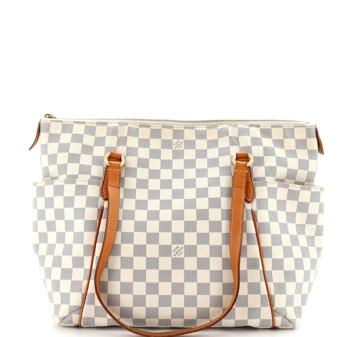 Handbag Canvas Monogram Totally Louis Vuitton: Handbag Canvas Monogram Totally Louis Vuitton White canvas coated Totally Louis Vuitton handbag with monogram pattern, featuring aged gold hardware and neutral interior. The bag has a classic