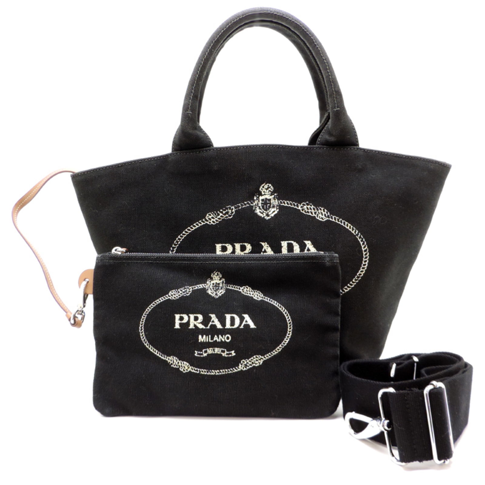 Pouch Handbag Canvas: Pouch Handbag Canvas Canvas Pouch Handbag from Prada, made in India, features a sleek black and nero design. The spacious interior and durable canvas material make it a versatile and practical
