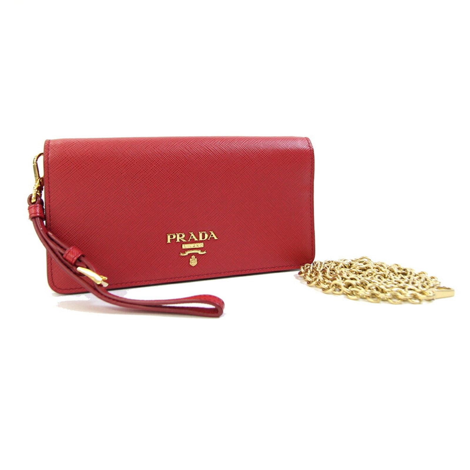 Shoulder Bag Leather Pochette Prada: Shoulder Bag Leather Pochette Prada Red leather Prada pochette with classic design and bold color. This shoulder bag features a sleek 10cm x 18.5cm x 2cm size, making it a stylish and portable accesso