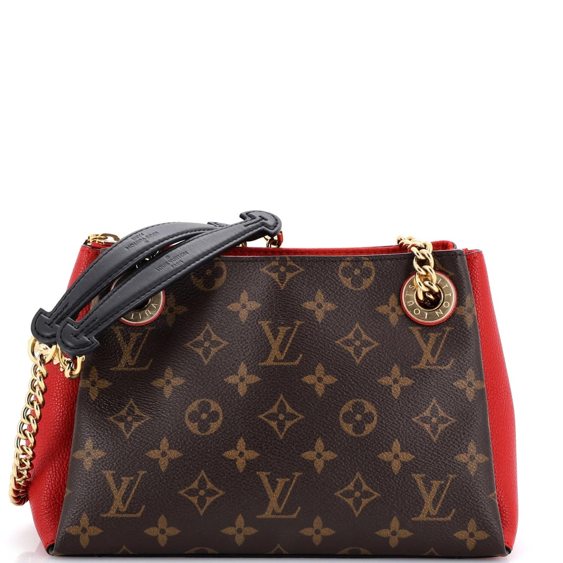 Louis Vuitton Surene Monogram Canvas Handbag Leather BB: Louis Vuitton Surene Monogram Canvas Handbag Leather BB Red Louis Vuitton Surene Monogram Canvas Handbag Leather BB, featuring a classic shoulder bag design with a bold red exterior and gold