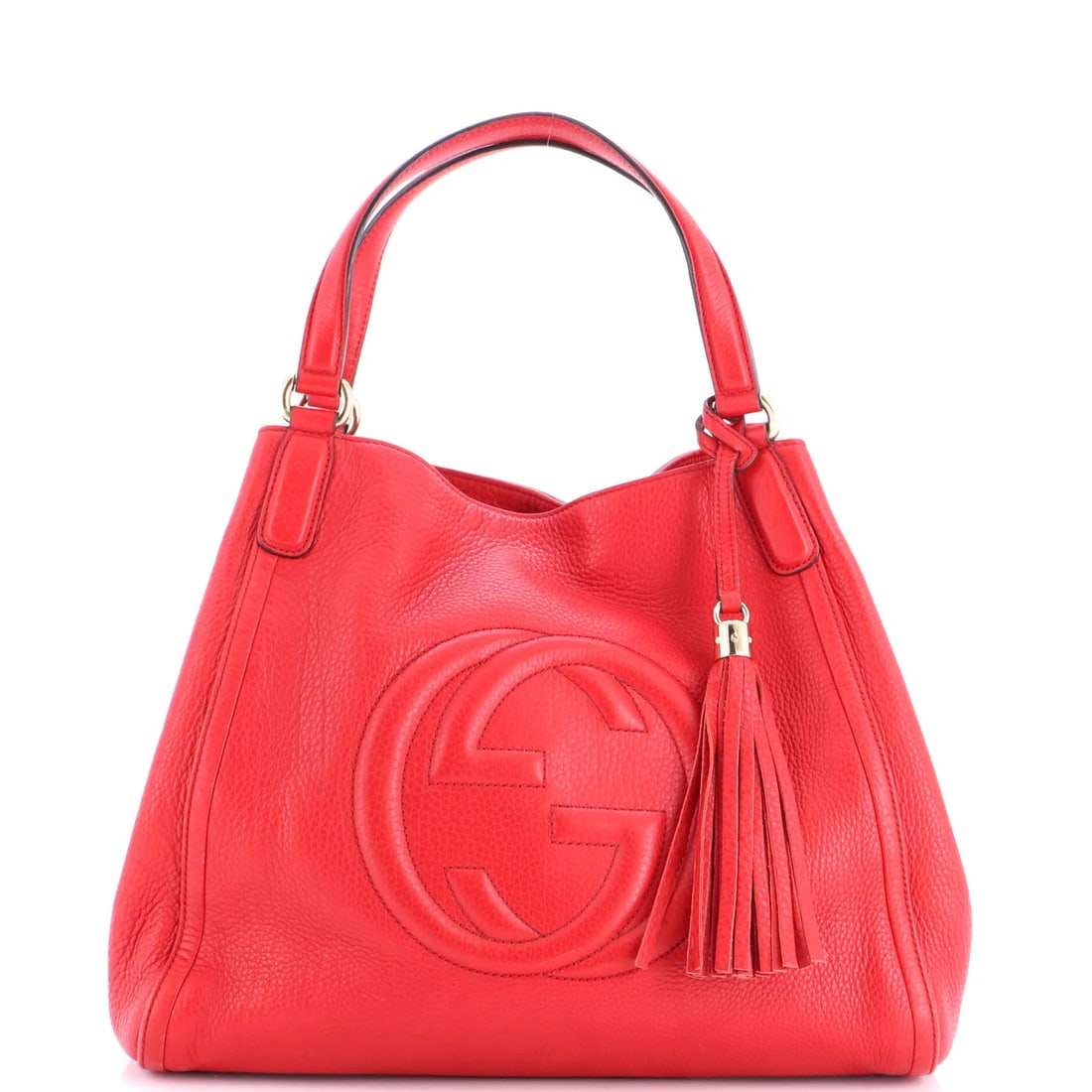 Leather Medium Gucci Shoulder Bag Soho: Leather Medium Gucci Shoulder Bag Soho Red leather medium Gucci Soho shoulder bag with gold tone hardware, featuring a classic design and neutral interior. The bag has a medium size, with a handle
