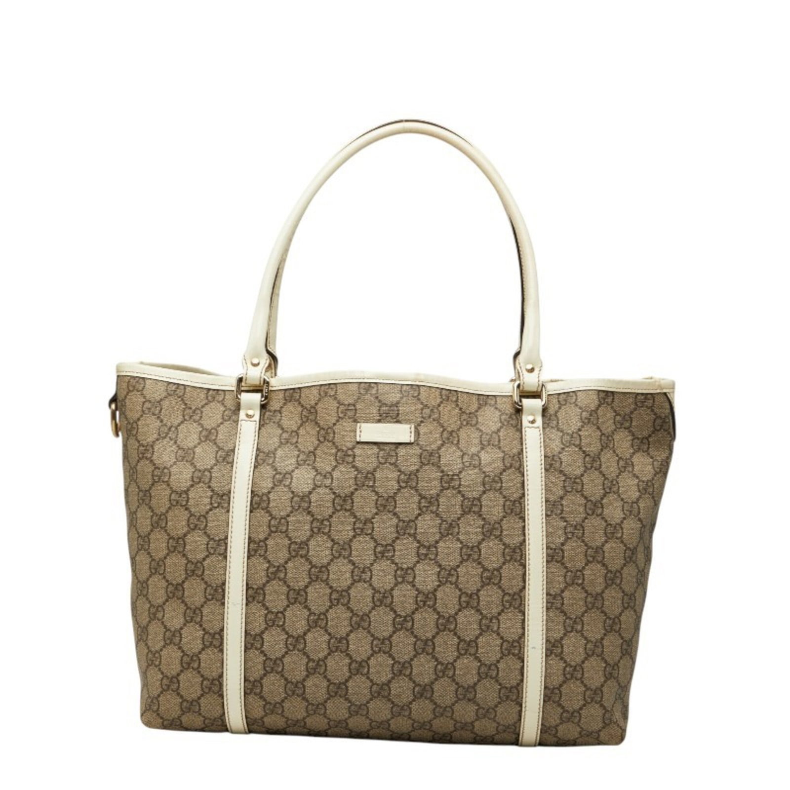 Patent Leather Pvc Gucci Tote Bag: Patent Leather Pvc Gucci Tote Bag Patent leather PVC Gucci tote bag in beige and white, measuring 26cm x 42cm x 15cm. This bag features a unique combination of PVC and patent leather materials,