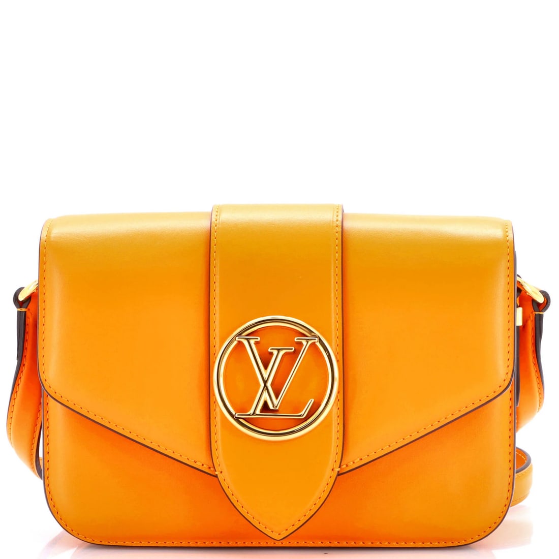 Louis Vuitton LV Pont 9 Bag Leather: Louis Vuitton LV Pont 9 Bag Leather The Louis Vuitton LV Pont 9 Bag Leather is a vibrant orange cross body bag with a rich leather exterior and blue interior. Measuring 7" tall, 8" wide, and 4" deep,